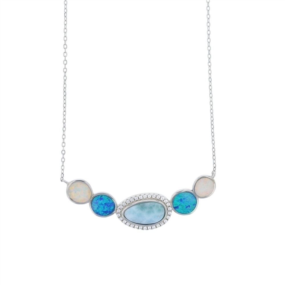 925 Sterling Silver Blue, White Opal, Larimar Freeform Halo CZ Necklace 16"+2"